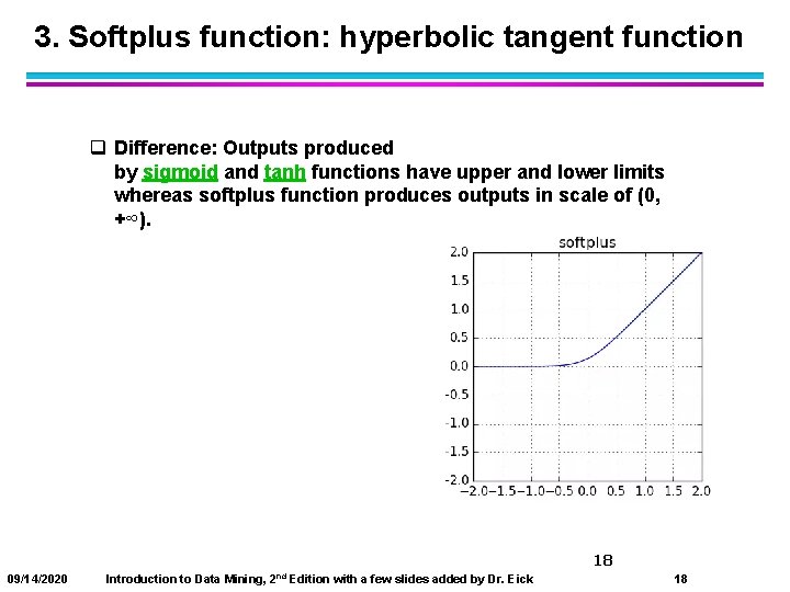 3. Softplus function: hyperbolic tangent function q Difference: Outputs produced by sigmoid and tanh