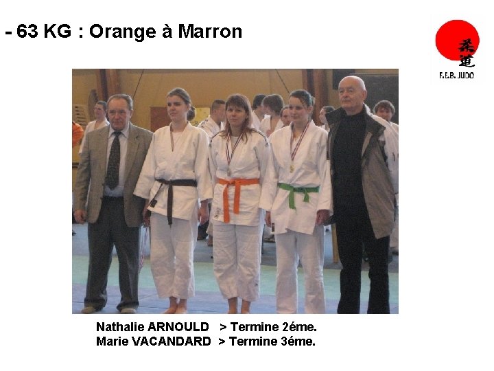 - 63 KG : Orange à Marron Nathalie ARNOULD > Termine 2éme. Marie VACANDARD