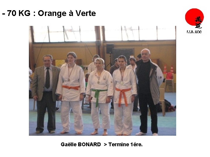 - 70 KG : Orange à Verte Gaëlle BONARD > Termine 1ére. 