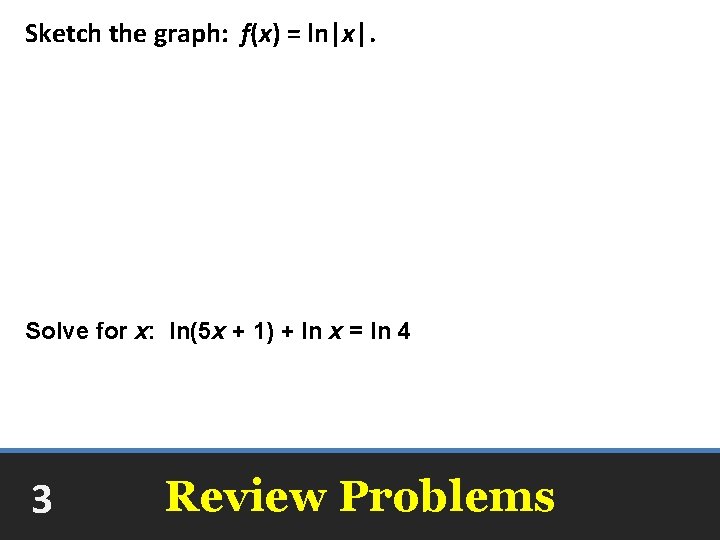 Sketch the graph: f(x) = ln|x|. Solve for x: ln(5 x + 1) +