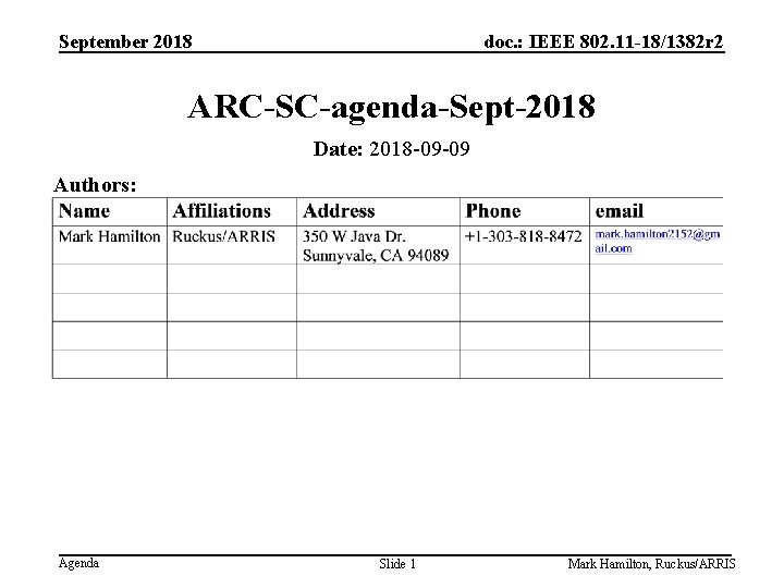 September 2018 doc. : IEEE 802. 11 -18/1382 r 2 ARC-SC-agenda-Sept-2018 Date: 2018 -09