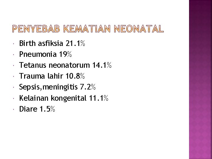  Birth asfiksia 21. 1% Pneumonia 19% Tetanus neonatorum 14. 1% Trauma lahir 10.