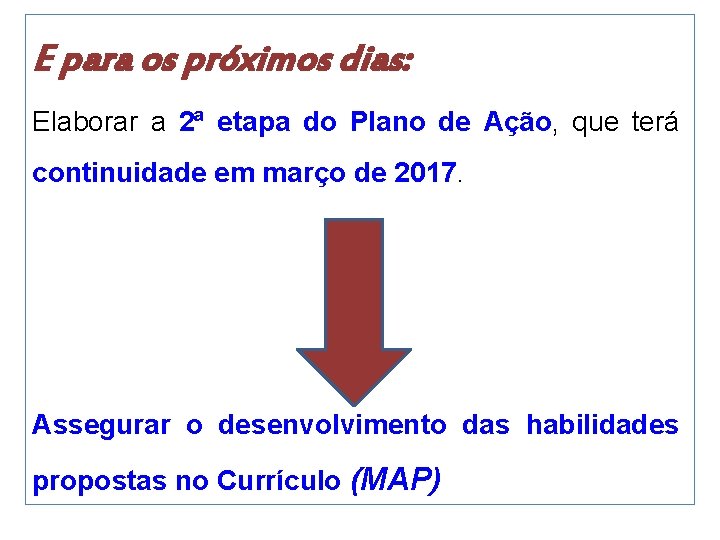 E para os próximos dias: Elaborar a 2ª etapa do Plano de Ação, que