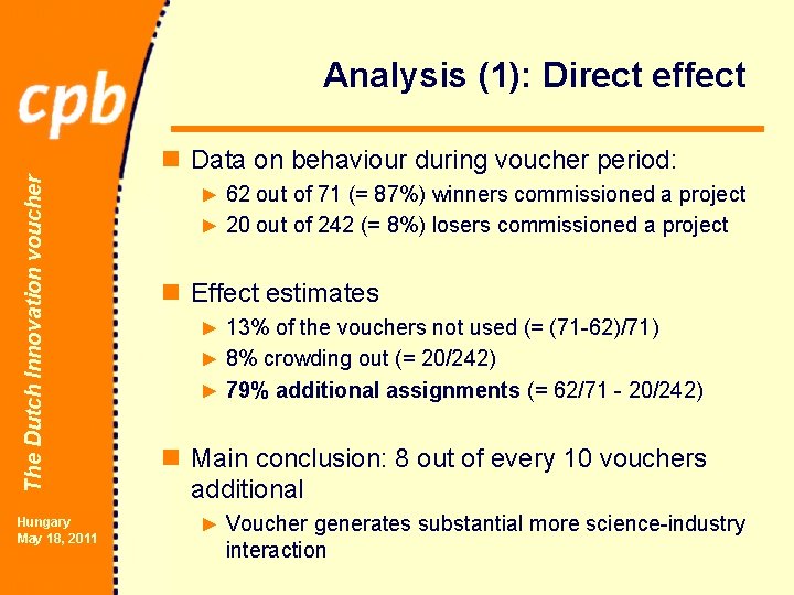 Analysis (1): Direct effect The Dutch Innovation voucher n Data on behaviour during voucher