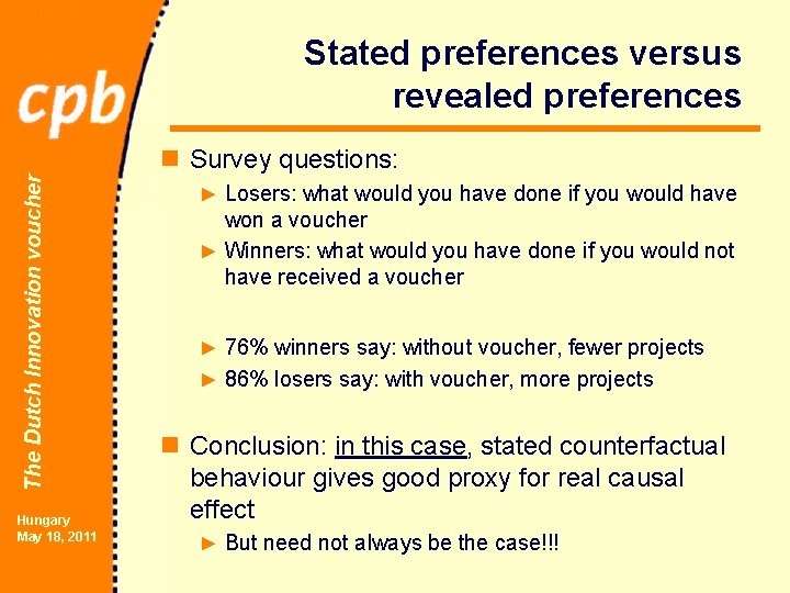 Stated preferences versus revealed preferences The Dutch Innovation voucher n Survey questions: Hungary May