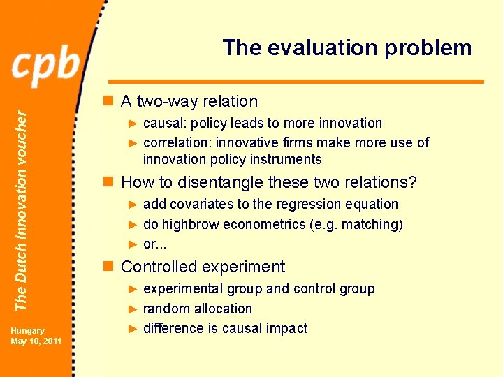 The evaluation problem The Dutch Innovation voucher n A two-way relation Hungary May 18,