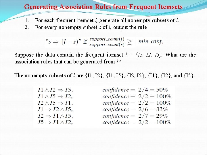 Generating Association Rules from Frequent Itemsets 1. 2. For each frequent itemset l, generate