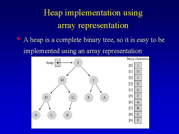 Heap implementation using array representation • A heap is a complete binary tree, so