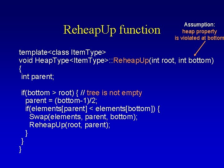 Reheap. Up function Assumption: heap property is violated at bottom template<class Item. Type> void