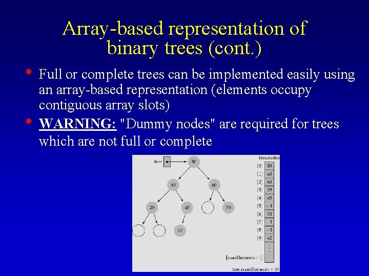 Array-based representation of binary trees (cont. ) • Full or complete trees can be
