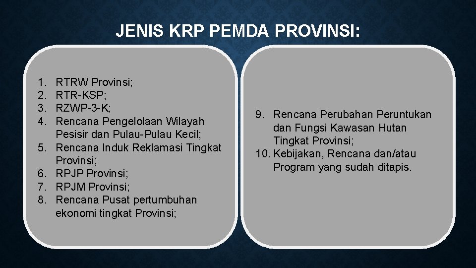 JENIS KRP PEMDA PROVINSI: 1. 2. 3. 4. 5. 6. 7. 8. RTRW Provinsi;