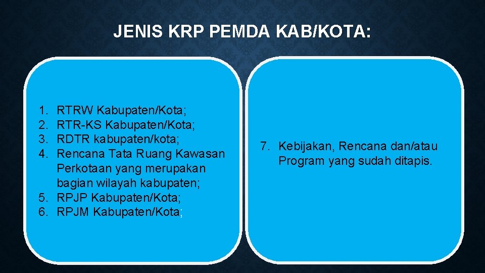 JENIS KRP PEMDA KAB/KOTA: 1. 2. 3. 4. RTRW Kabupaten/Kota; RTR-KS Kabupaten/Kota; RDTR kabupaten/kota;