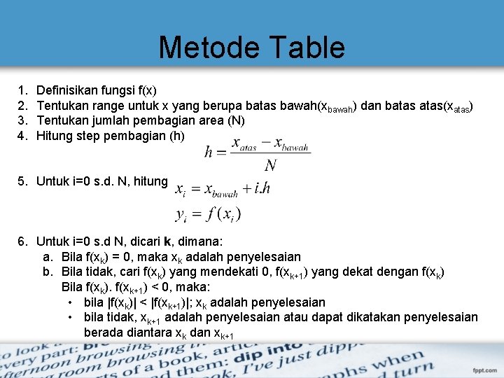 Metode Table 1. 2. 3. 4. Definisikan fungsi f(x) Tentukan range untuk x yang