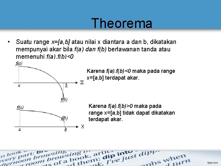 Theorema • Suatu range x=[a, b] atau nilai x diantara a dan b, dikatakan