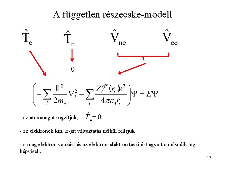 A független részecske-modell 0 - az atommagot rögzítjük, - az elektronok kin. E-ját változtatás