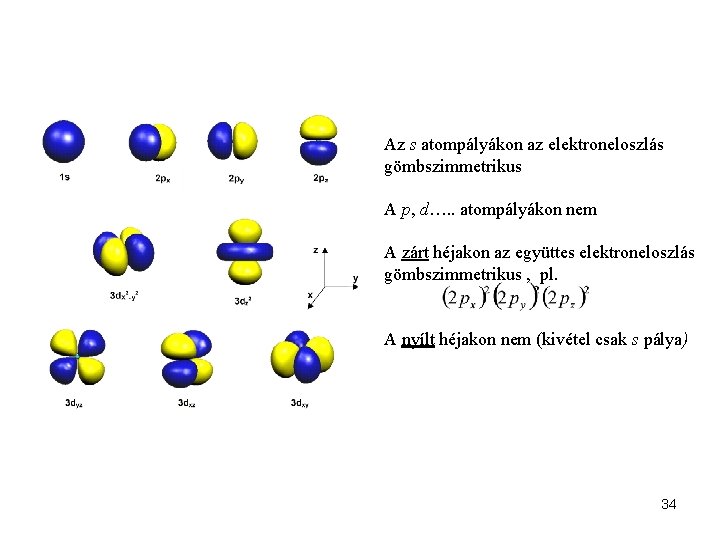 Az s atompályákon az elektroneloszlás gömbszimmetrikus A p, d…. . atompályákon nem A zárt