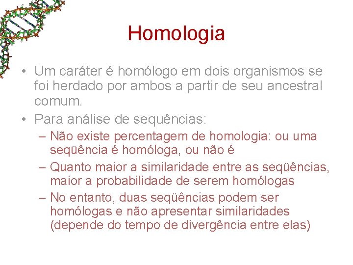 Homologia • Um caráter é homólogo em dois organismos se foi herdado por ambos Homologia • Um caráter é homólogo em dois organismos se foi herdado por ambos