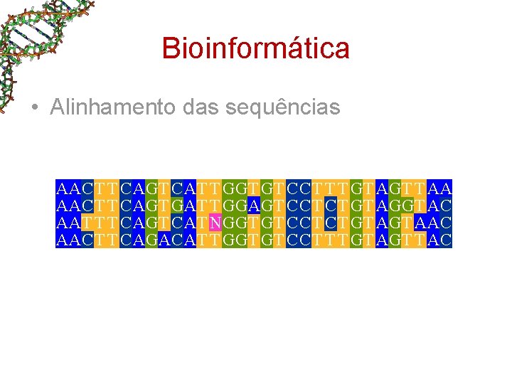 Bioinformática • Alinhamento das sequências AAC T T C AGT C AT T GGT Bioinformática • Alinhamento das sequências AAC T T C AGT C AT T GGT