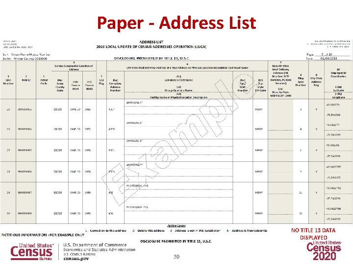 Paper - Address List DISCLOSURE PROHIBITED BY TITLE 13, U. S. C. 20 NO