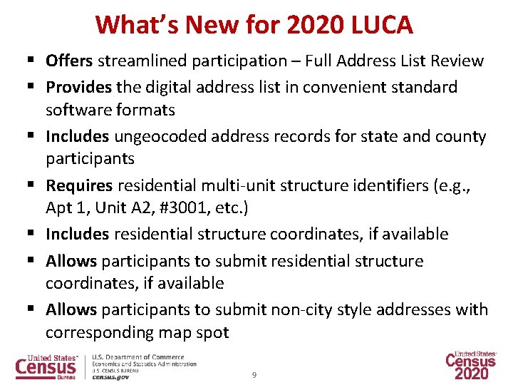 What’s New for 2020 LUCA § Offers streamlined participation – Full Address List Review