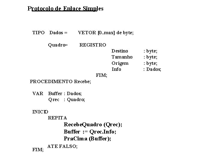 Protocolo de Enlace Simples TIPO Dados = Quadro= VETOR [0. . max] de byte;