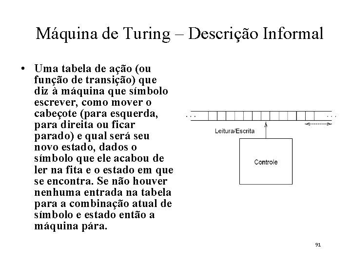 Máquina de Turing – Descrição Informal • Uma tabela de ação (ou função de