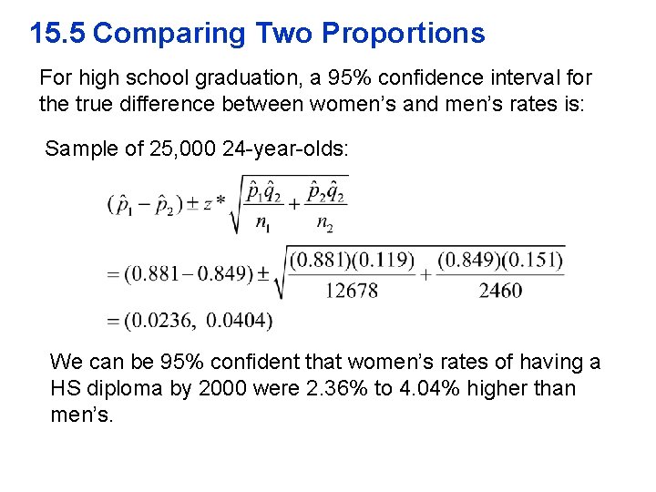 15. 5 Comparing Two Proportions For high school graduation, a 95% confidence interval for