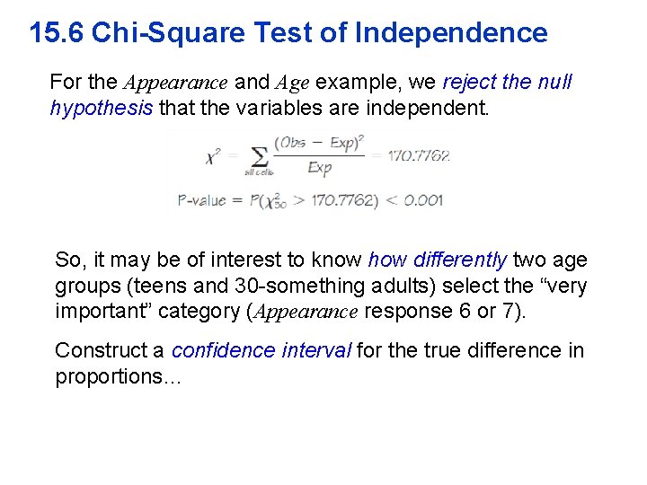 15. 6 Chi-Square Test of Independence For the Appearance and Age example, we reject