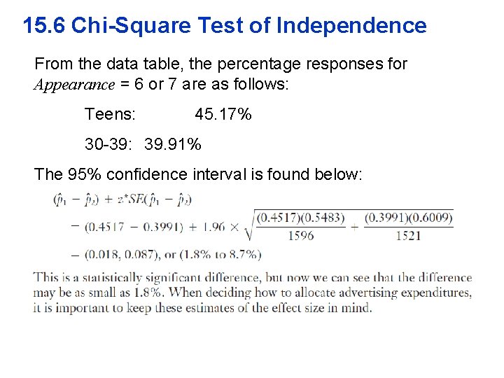 15. 6 Chi-Square Test of Independence From the data table, the percentage responses for