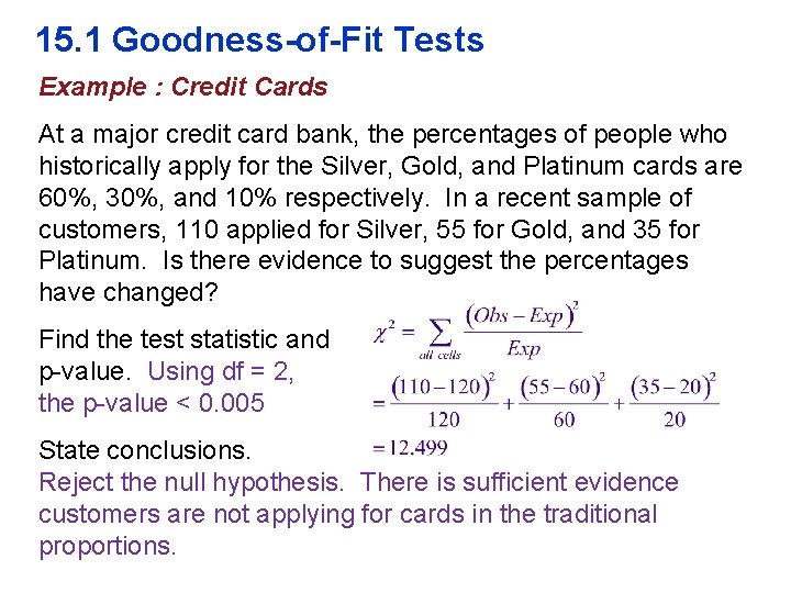 15. 1 Goodness-of-Fit Tests Example : Credit Cards At a major credit card bank,