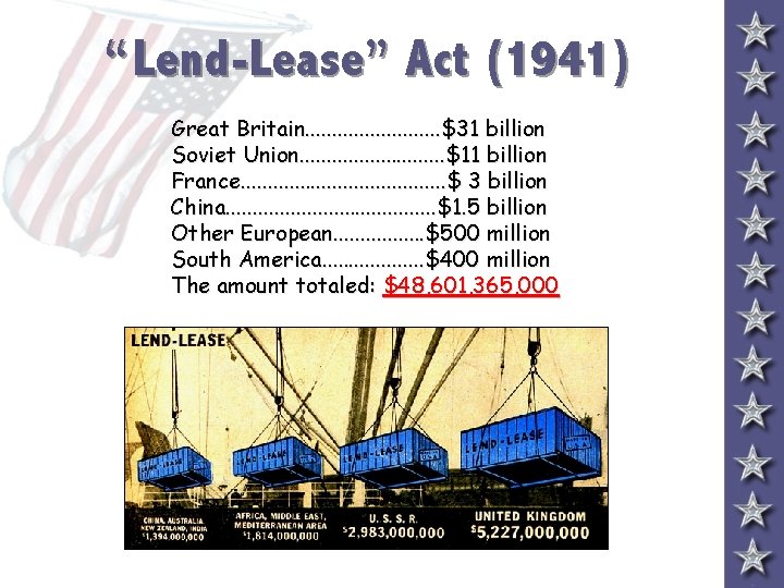 “Lend-Lease” Act (1941) Great Britain. . . $31 billion Soviet Union. . . .