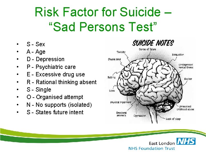 Risk Factor for Suicide – “Sad Persons Test” • • • S - Sex