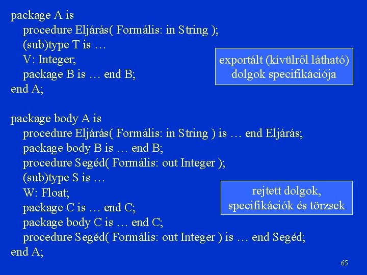 package A is procedure Eljárás( Formális: in String ); (sub)type T is … V: