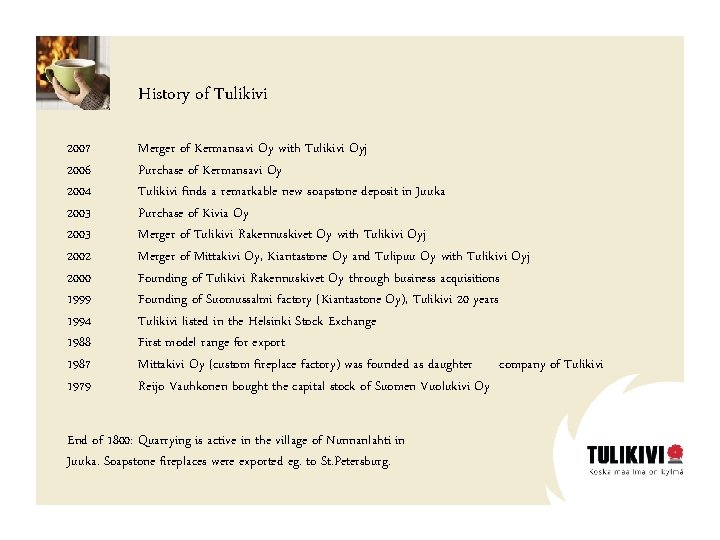 History of Tulikivi 2007 2006 2004 2003 2002 2000 1999 1994 1988 1987 1979