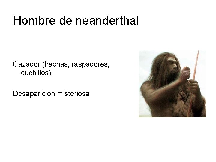 Hombre de neanderthal Cazador (hachas, raspadores, cuchillos) Desaparición misteriosa 