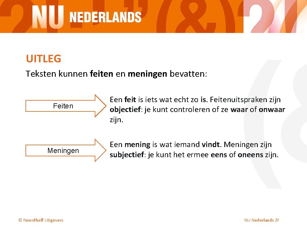 UITLEG Teksten kunnen feiten en meningen bevatten: Feiten Meningen © Noordhoff Uitgevers Een feit