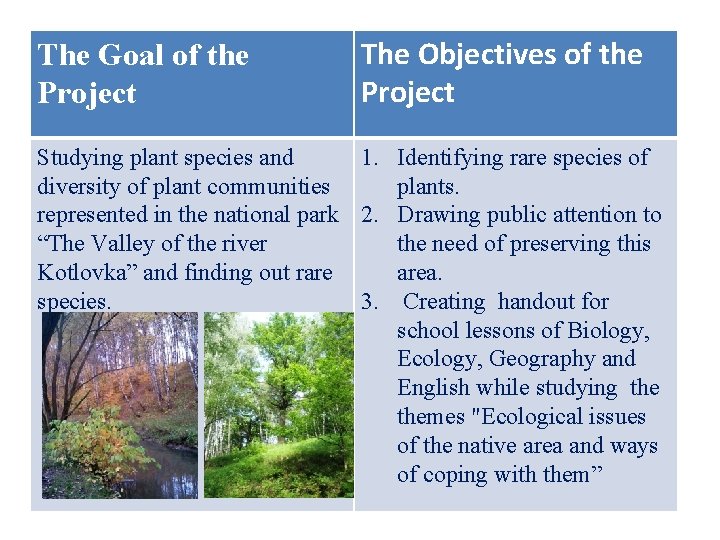 The Goal of the Project The Objectives of the Project Studying plant species and