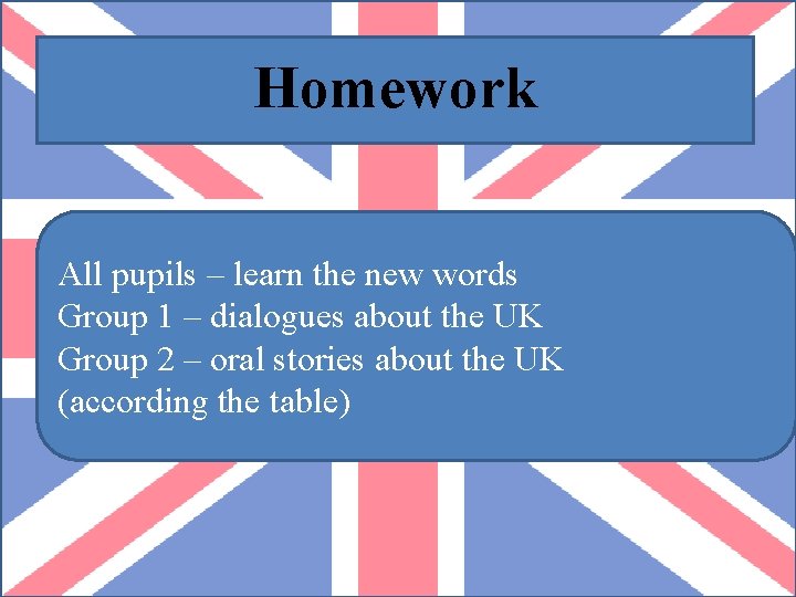 Homework All pupils – learn the new words Group 1 – dialogues about the