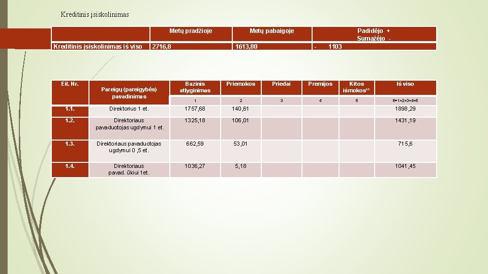 Kreditinis įsiskolinimas Metų pradžioje Kreditinis įsiskolinimas iš viso Eil. Nr. 2716, 8 Pareigų (pareigybės)