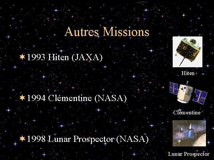 Autres Missions ¬ 1993 Hiten (JAXA) Hiten ¬ 1994 Clémentine (NASA) Clémentine ¬ 1998