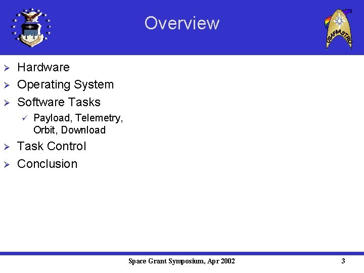 Overview Ø Ø Ø Hardware Operating System Software Tasks ü Ø Ø Payload, Telemetry,