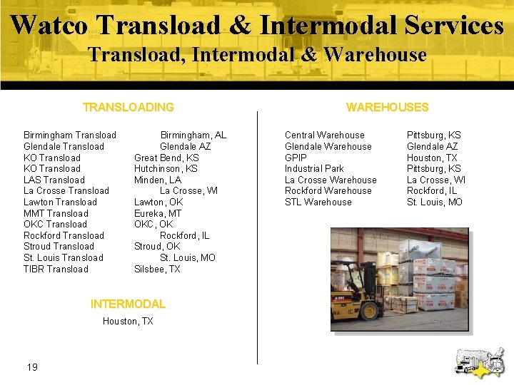 Watco Transload & Intermodal Services Transload, Intermodal & Warehouse TRANSLOADING Birmingham Transload Glendale Transload