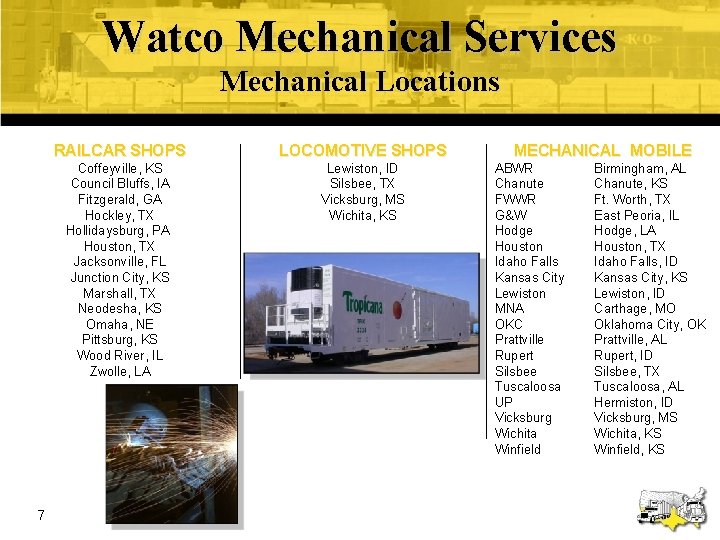 Watco Mechanical Services Mechanical Locations 7 RAILCAR SHOPS LOCOMOTIVE SHOPS Coffeyville, KS Council Bluffs,