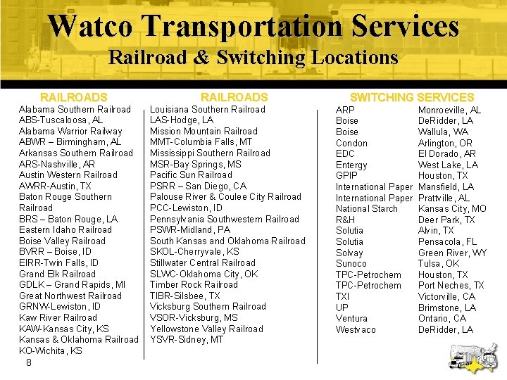 Watco Transportation Services Railroad & Switching Locations RAILROADS Alabama Southern Railroad ABS-Tuscaloosa, AL Alabama