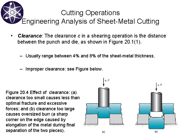Cutting Operations Engineering Analysis of Sheet-Metal Cutting • Clearance: The clearance c in a
