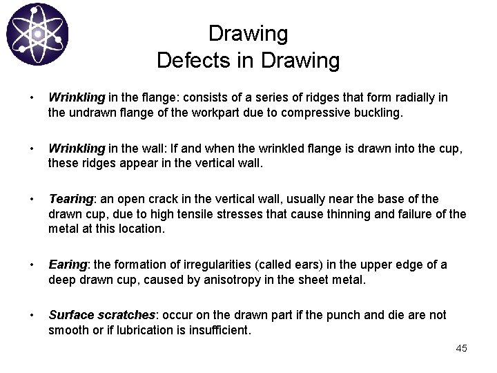 Drawing Defects in Drawing • Wrinkling in the flange: consists of a series of