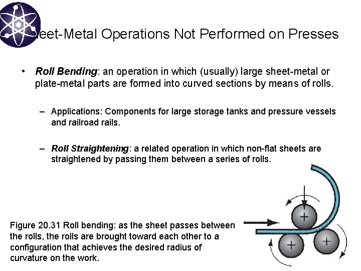 Sheet-Metal Operations Not Performed on Presses • Roll Bending: an operation in which (usually)