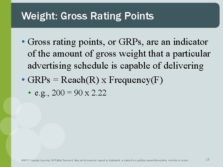 Weight: Gross Rating Points • Gross rating points, or GRPs, are an indicator of