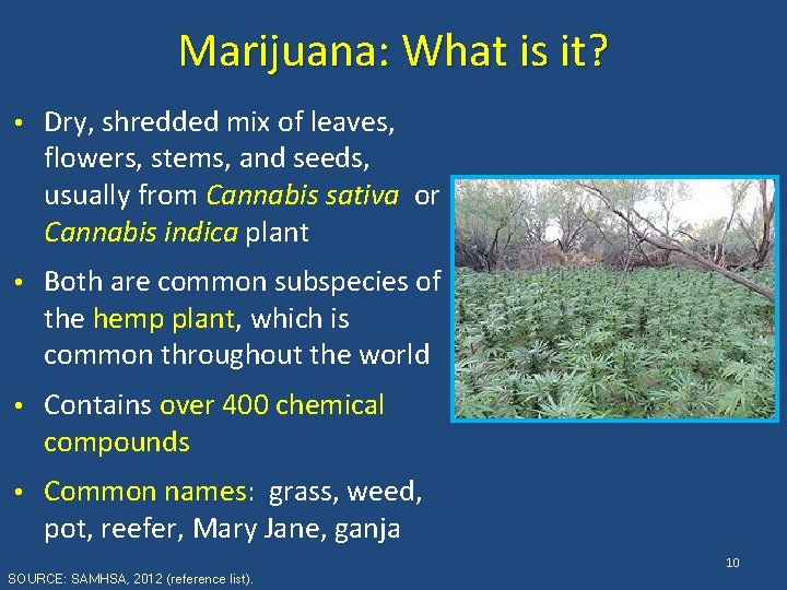 Marijuana: What is it? • Dry, shredded mix of leaves, flowers, stems, and seeds,