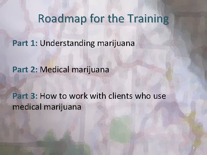 Roadmap for the Training Part 1: Understanding marijuana Part 2: Medical marijuana Part 3: